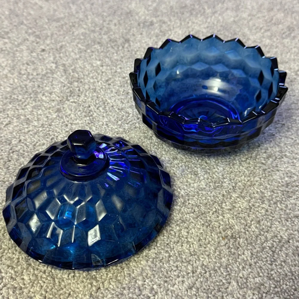Indiana Glass Colony Whitehall cubist cobalt blue covered candy dish. - Picture 2 of 7